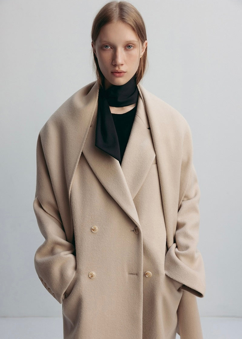 LEHA | Preston double Breadted Reated Wool Coat With Wool Scarf (Sand Beige, Black)