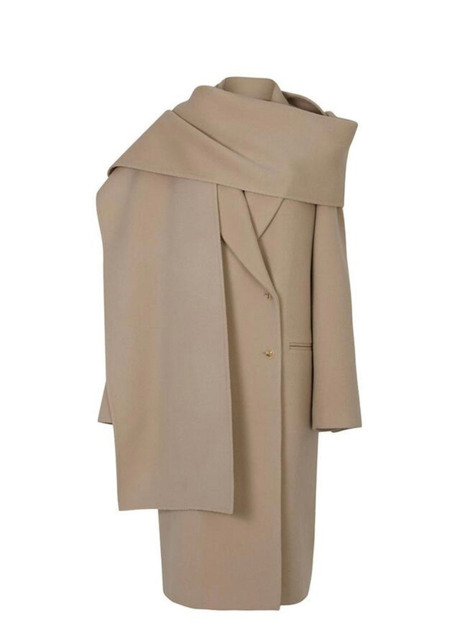 LEHA | Preston double Breadted Reated Wool Coat With Wool Scarf (Sand Beige, Black)