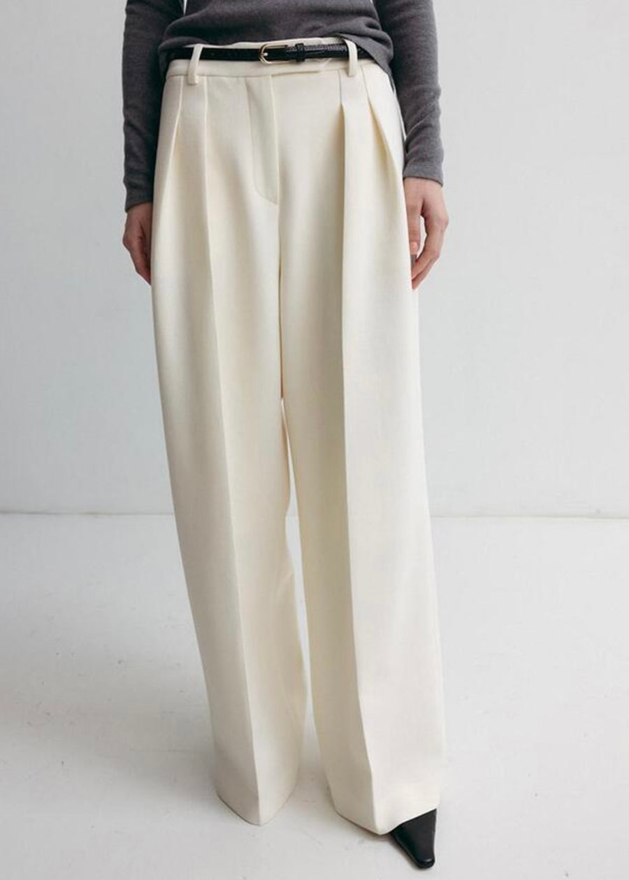 LEHA | Maison Pleated Wool Wide Leg Pants (Ivory)
