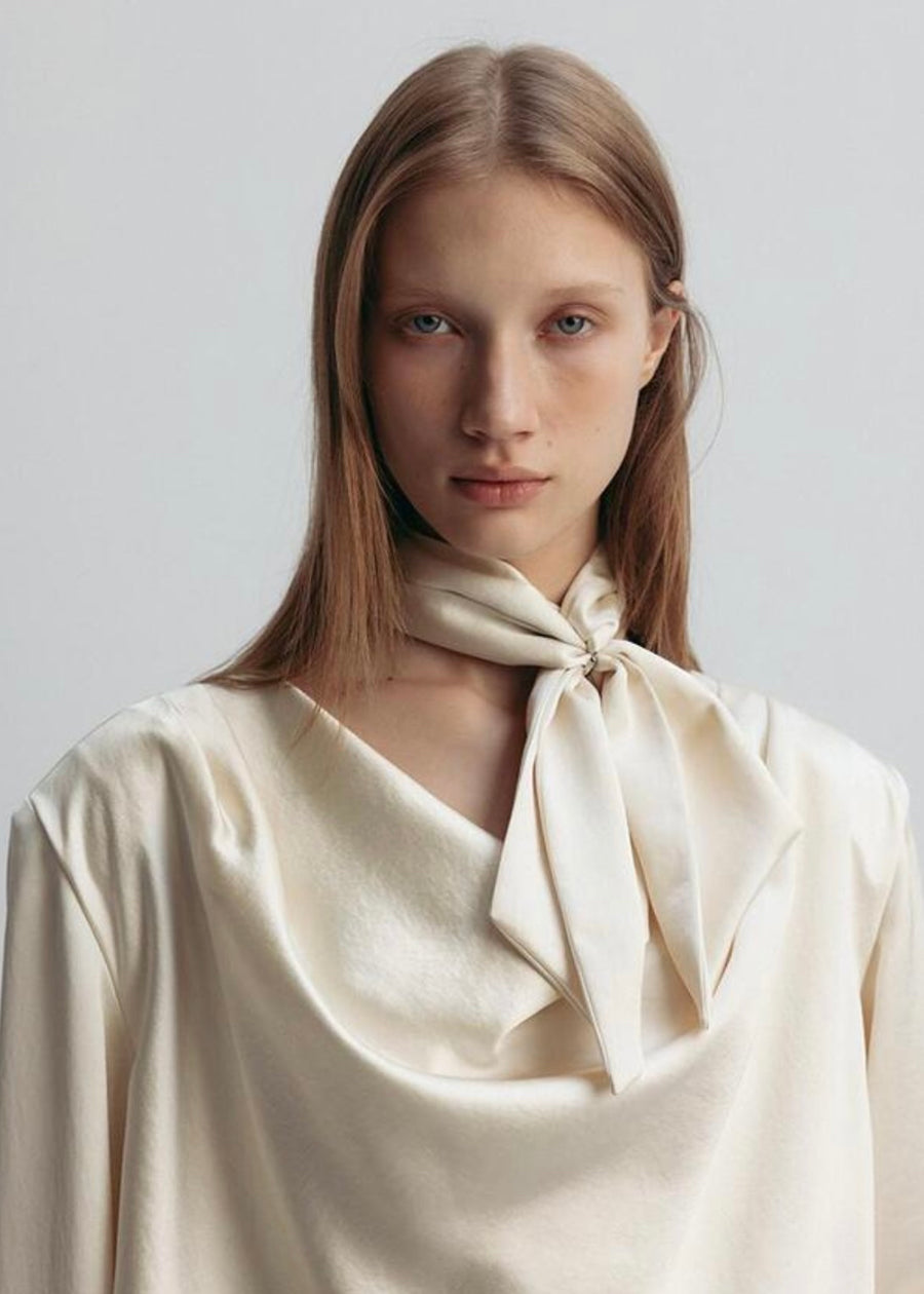 LEHA | Power Shoulder Cowl-Neck Blouse (Off-White)