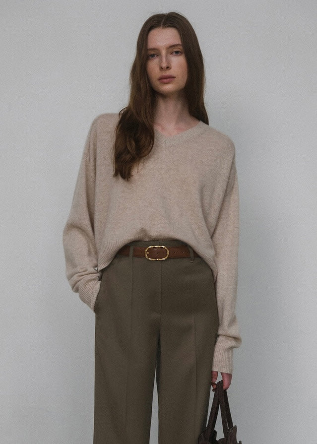 ELBORN | Melrose V-neck Cashmere Knit Top (Oatmeal)