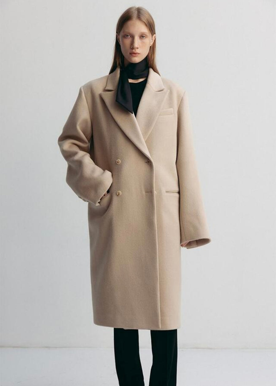 LEHA | Preston double Breadted Reated Wool Coat With Wool Scarf (Sand Beige, Black)