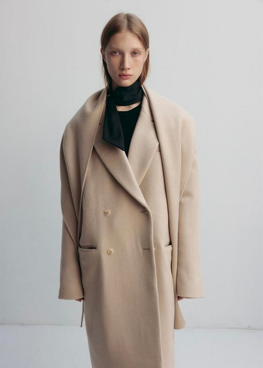 LEHA | Preston double Breadted Reated Wool Coat With Wool Scarf (Sand Beige, Black)