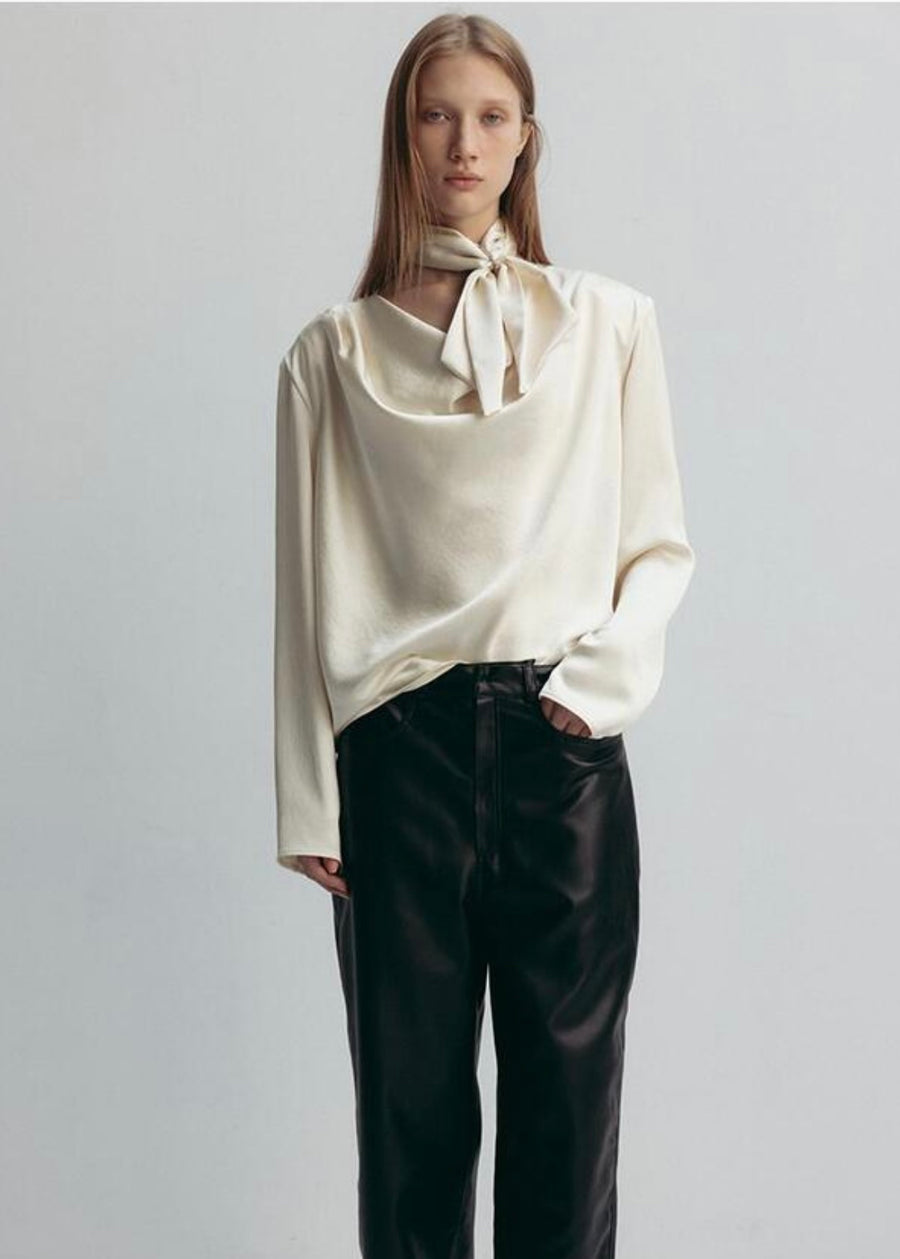 LEHA | Power Shoulder Cowl-Neck Blouse (Off-White)