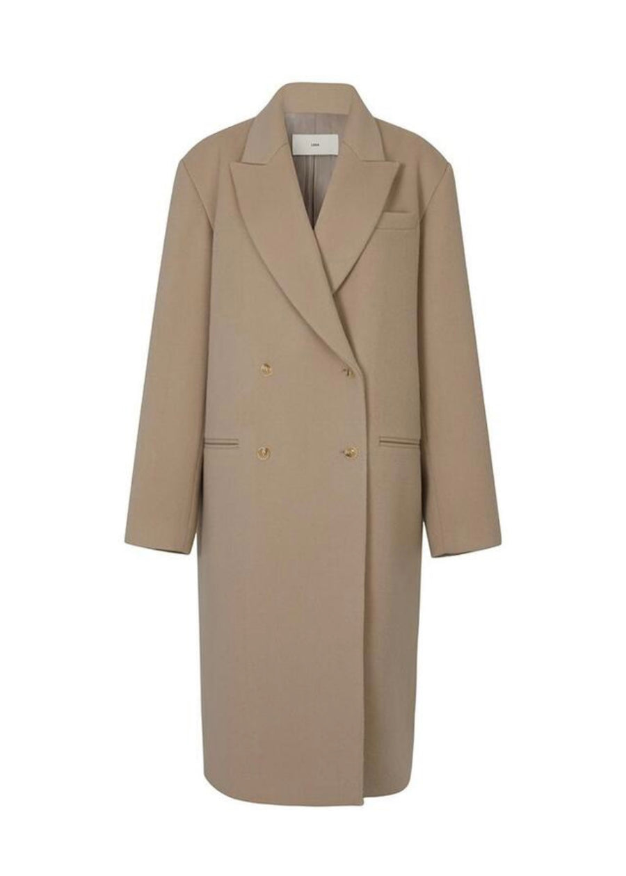 LEHA | Preston double Breadted Reated Wool Coat With Wool Scarf (Sand Beige, Black)