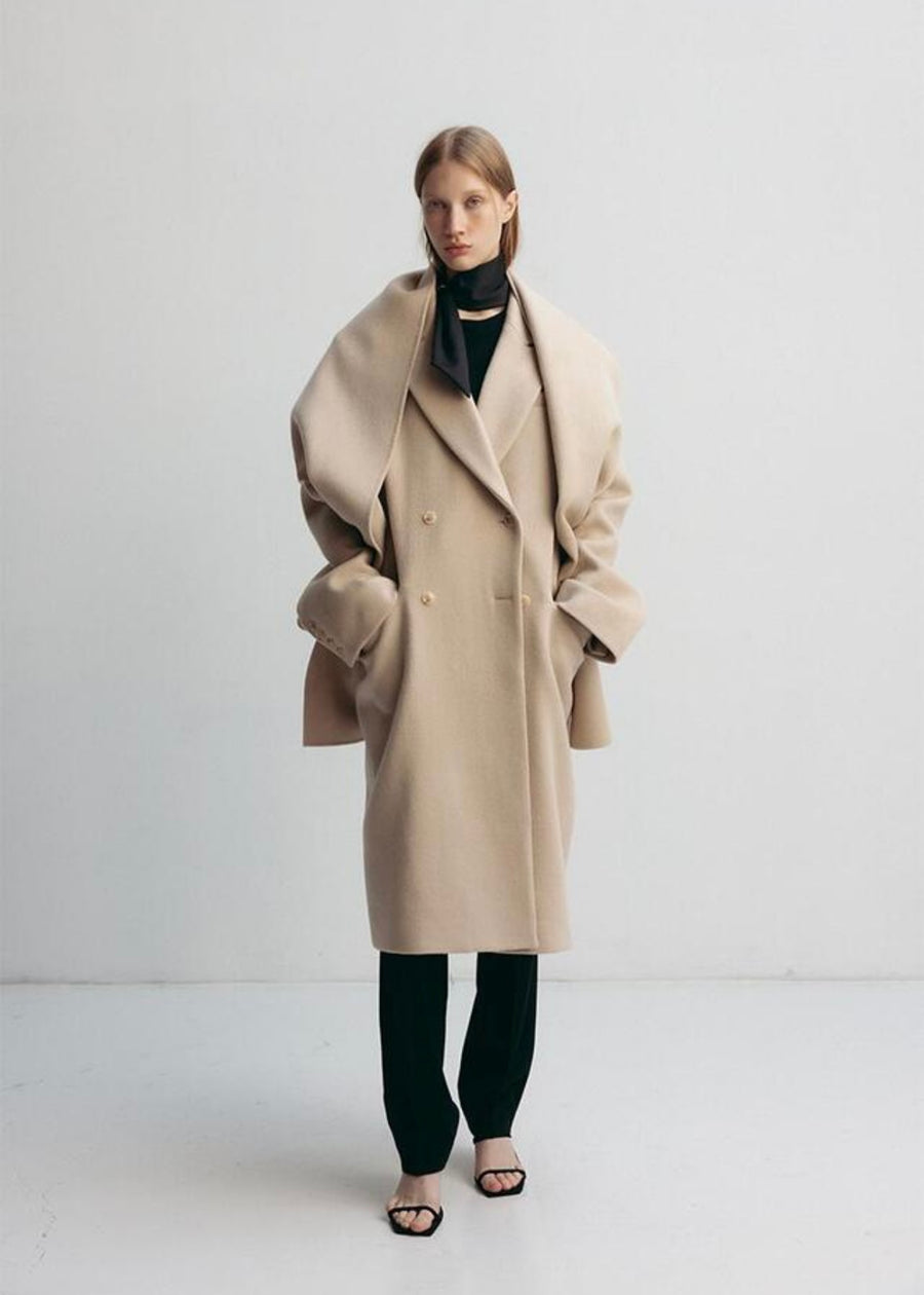 LEHA | Preston double Breadted Reated Wool Coat With Wool Scarf (Sand Beige, Black)