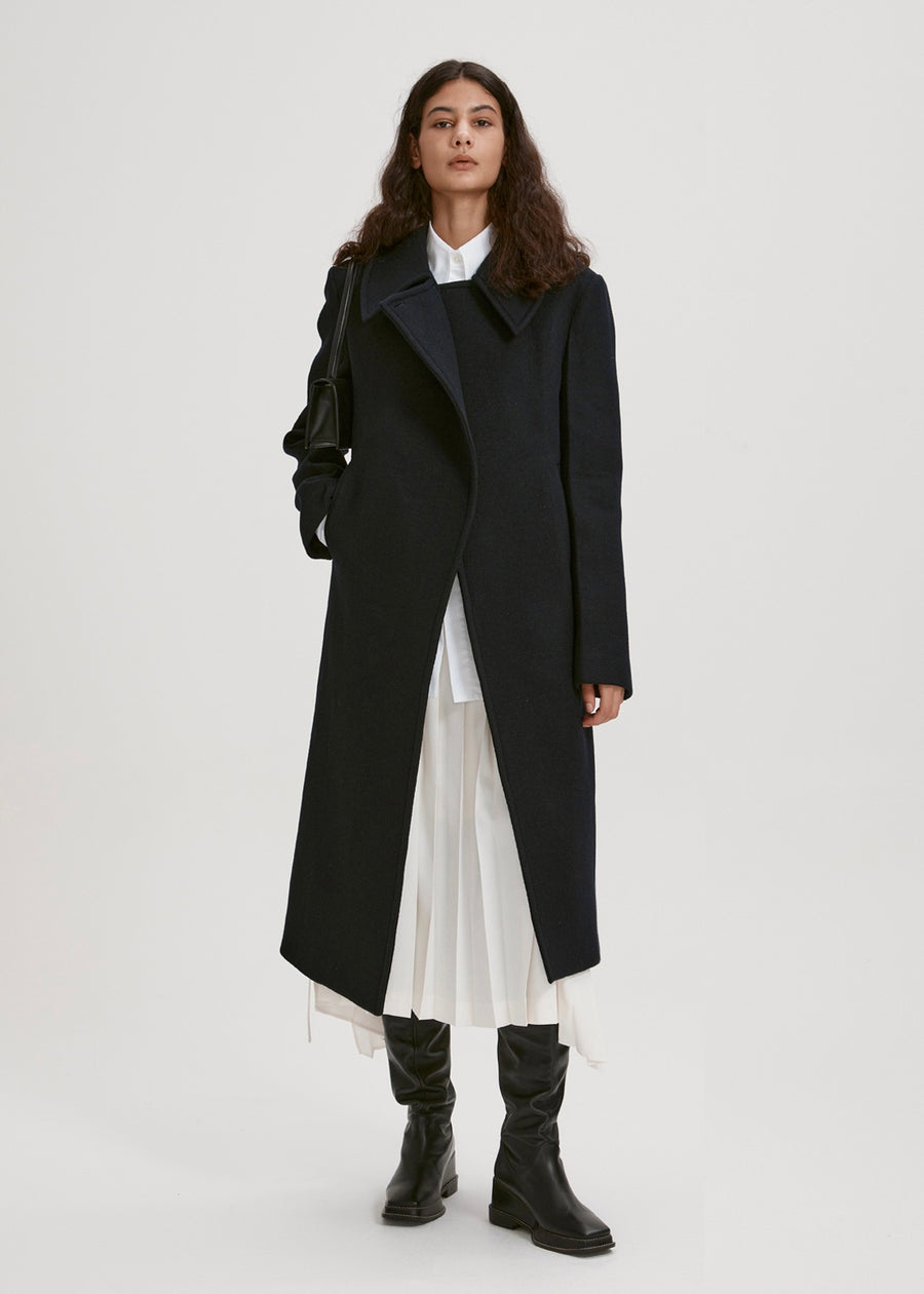 SPREAD COLLAR WOOL COAT (NAVY) | RECTO