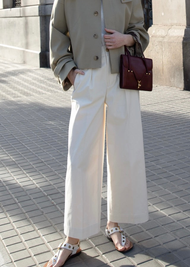 Cropped Cotton Wide Trousers (Cream)