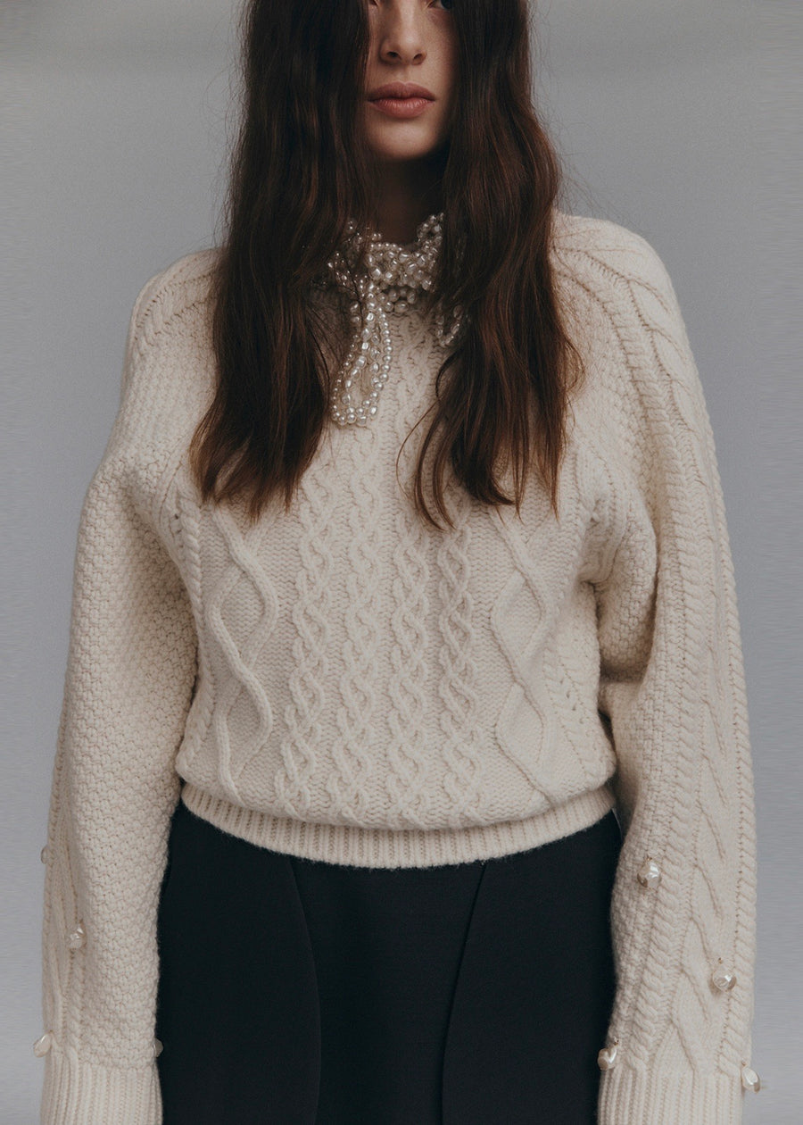 PEARL CABLE KNIT WOOL SWEATER (IVORY) | RECTO