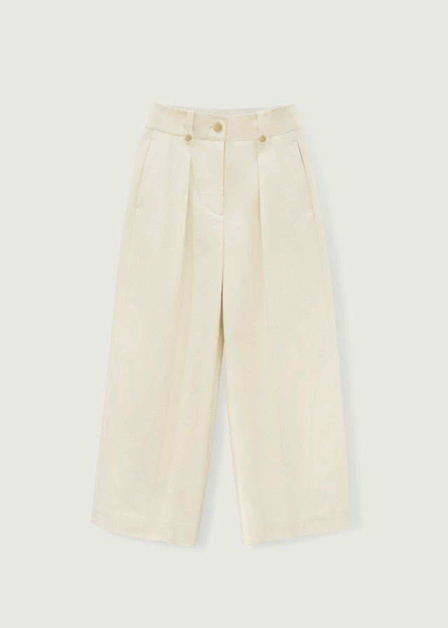 Cropped Cotton Wide Trousers (Cream)