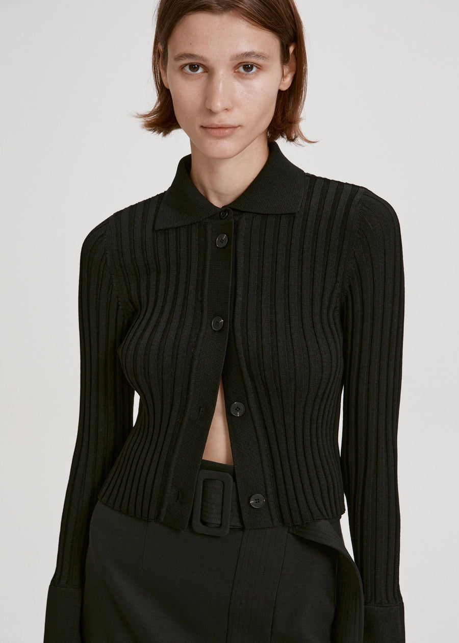 CROPPED RIBBED CARDIGAN (BLACK) | RECTO.