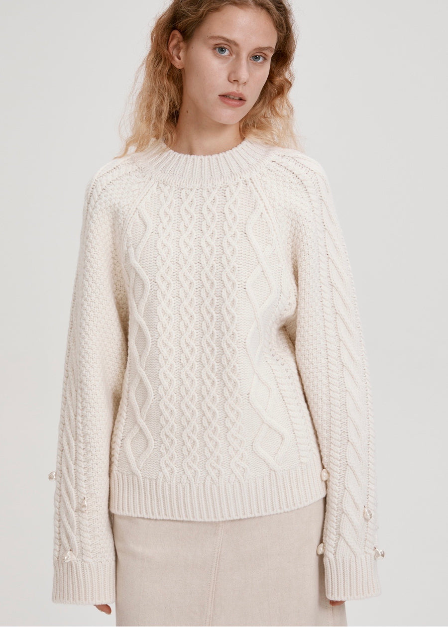 PEARL CABLE KNIT WOOL SWEATER (IVORY) | RECTO